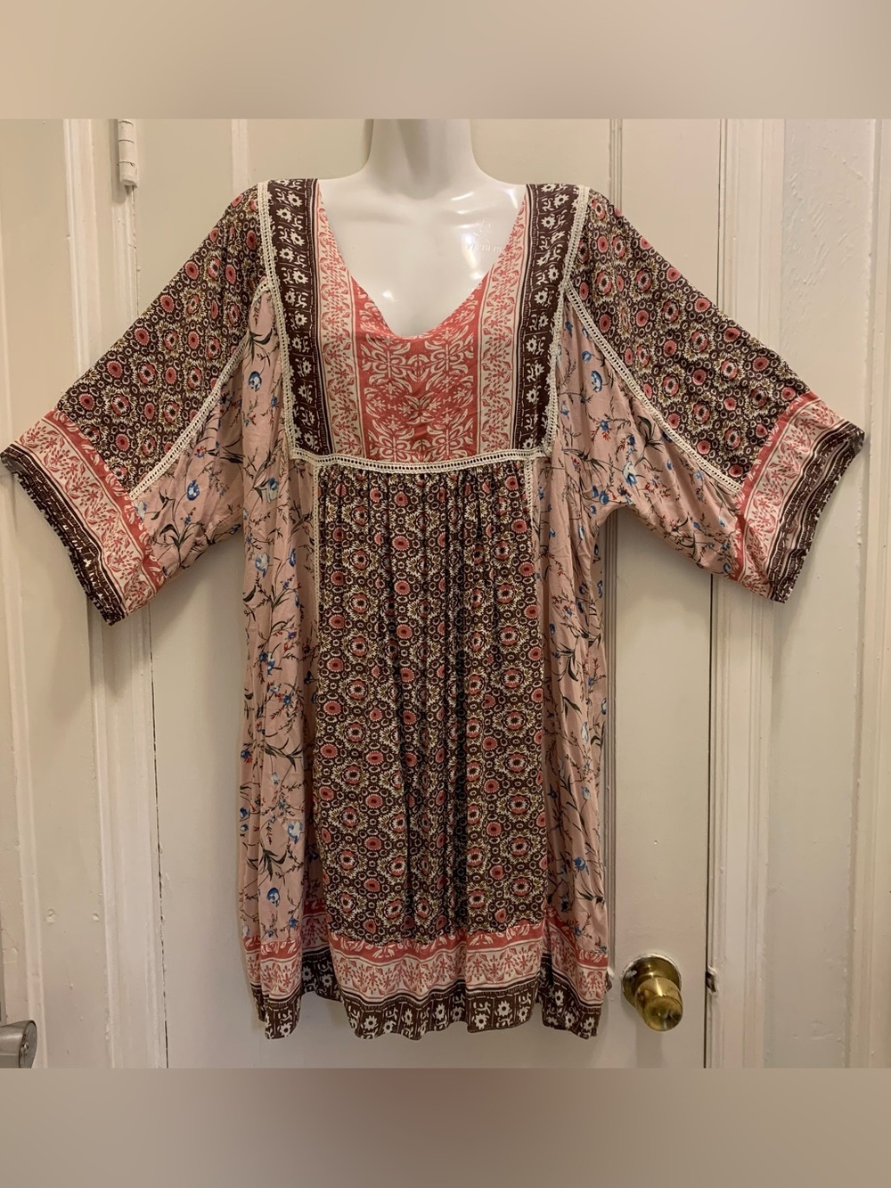 Sundance Bohemian Patchwork Floral Pink Tunic Dress XL
